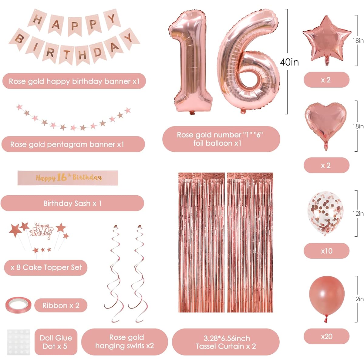 RUBFAC 16th Birthday Decorations for Girls, Rose Gold Sweet 16th Birthday Party Decorations, 16th Birthday Banner Kit, Rose Gold Balloons, Birthday Party Supplies