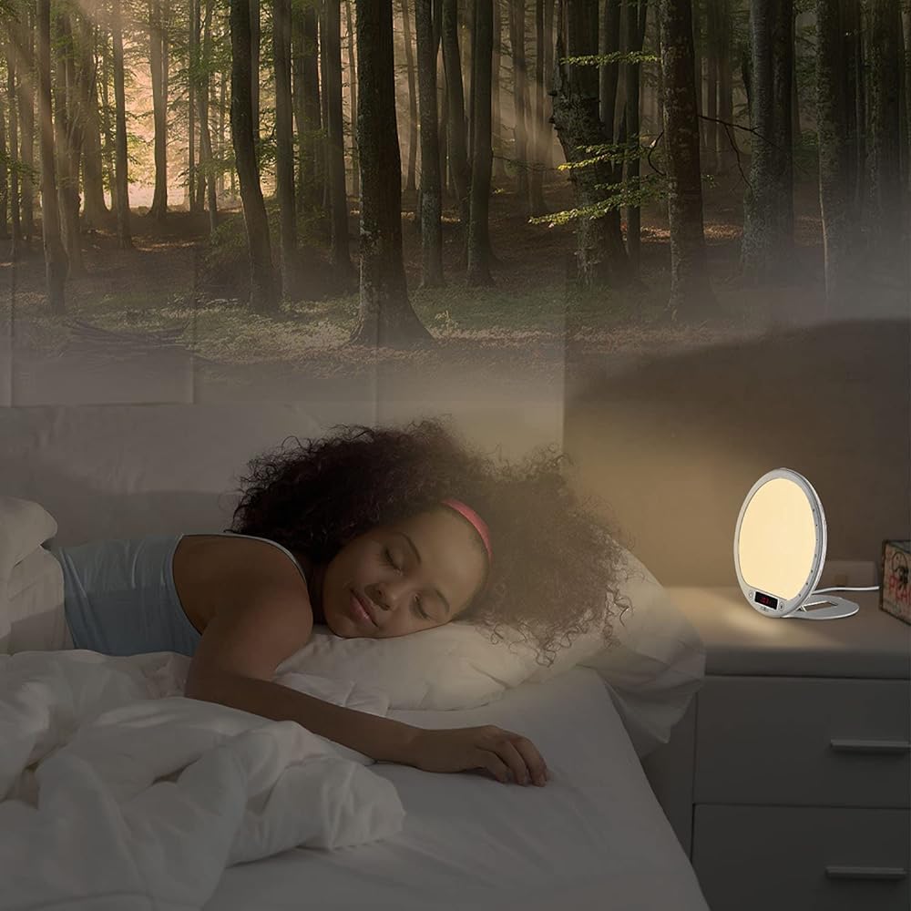 JUXLamp Optical Alarm Clock Light 10000 llux Refreshing Sunrise/Sunset Reproduction 8 Types of Natural Sounds Bedside Lamp Suitable for Those Who Can't Wake Up in the Morning, Night Shifts and Jet Lag