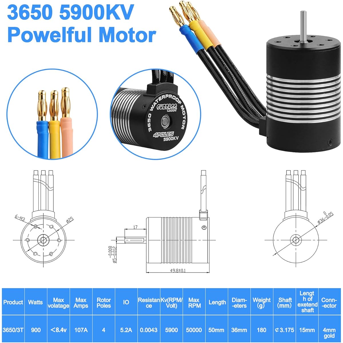 3650 5900KV Sensorless Brushless RC Motor 120A Brushless ESC & Program Card Set Waterproof Motor ESC Combo 3.175mm Shaft Motor 1:10 Scale RC Car Truck Update Parts