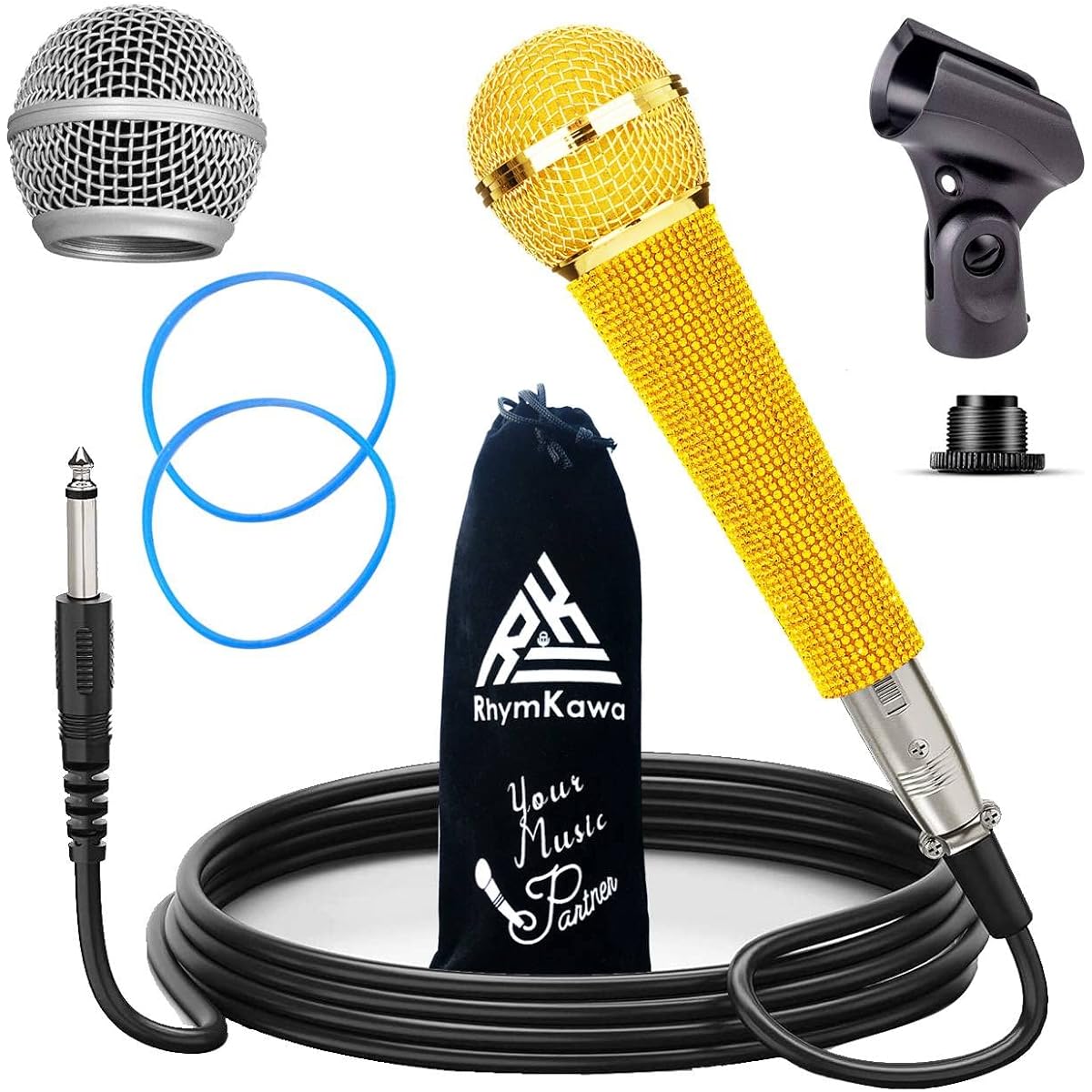 RhymKawa RS58 Gold Bling Cardioid Dynamic Vocal Wired Microphone Singing Karaoke Microphone Metal Handheld with Bling Crystal Cover