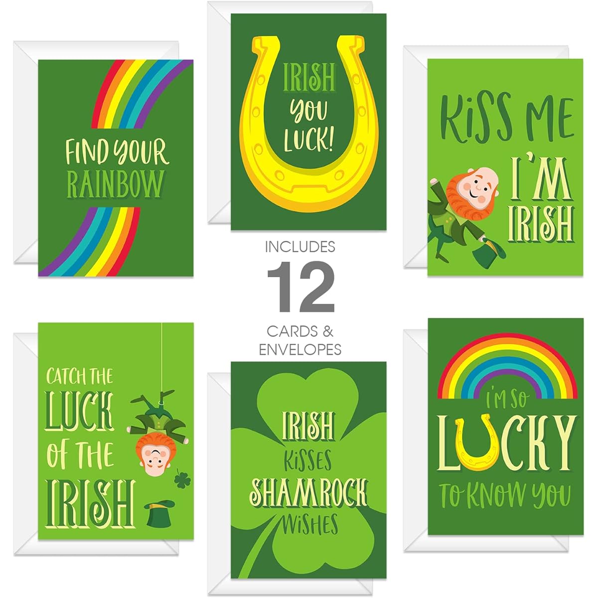 St. Patrick's Day Card Pack / 5" x 7" Illustrated Shamrock St. Patty's Cards with White Envelopes / 12 Full Color Lucky Leprechaun Greeting Cards / Made in the USA