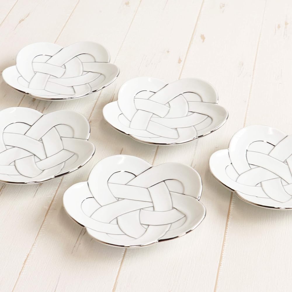 New Year Tableware Japanese Tableware Plate 15cm Lucky Charm Arita Ware Plum Musubi Platinum Wire Silver Medium Plate Set of 5 in Presentation Box