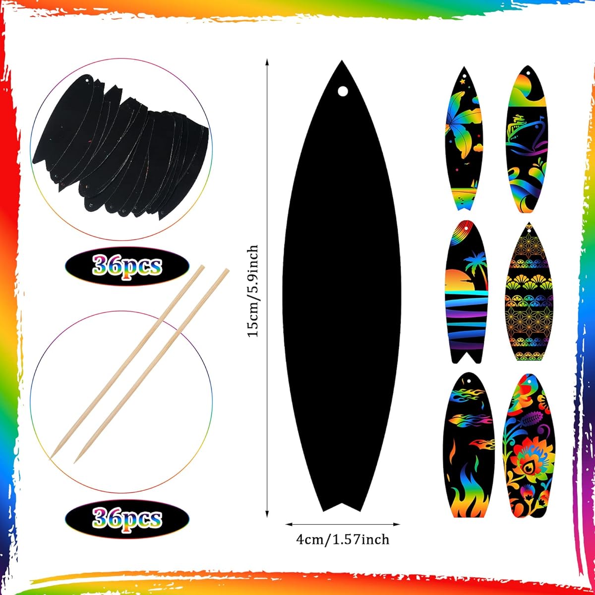 Libima Scratch Bookmarks Surfboard Craft Kit for Kids, Rainbow Mini Surfboard Card Decorations Luau Theme Party Favors Beach Party Favors for DIY Crafts, 6 Styles