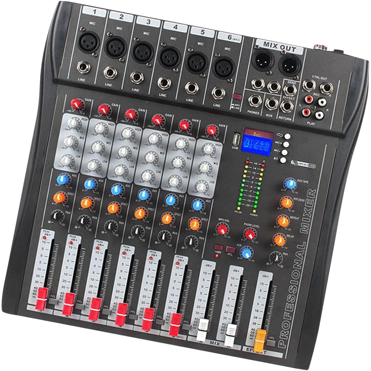 Hellery 6 Channel Audio Mixer Sound Mixing Console XLR Jack 48V Phantom Power
