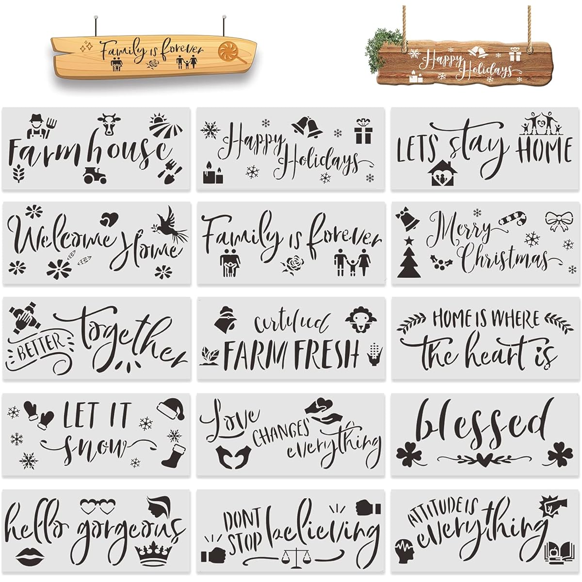 15 Pieces Inspirational Word Stencils, Quote Stencil Set, Home Sign Stencils, Plastic Drawing Template Stencils, Reusable Draw Stencils, Art Templates, DIY Craft Stencils for Painting on Wood Walls, Home Decor