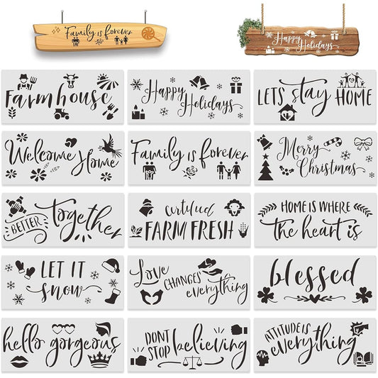 15 Pieces Inspirational Word Stencils, Quote Stencil Set, Home Sign Stencils, Plastic Drawing Template Stencils, Reusable Draw Stencils, Art Templates, DIY Craft Stencils for Painting on Wood Walls, Home Decor