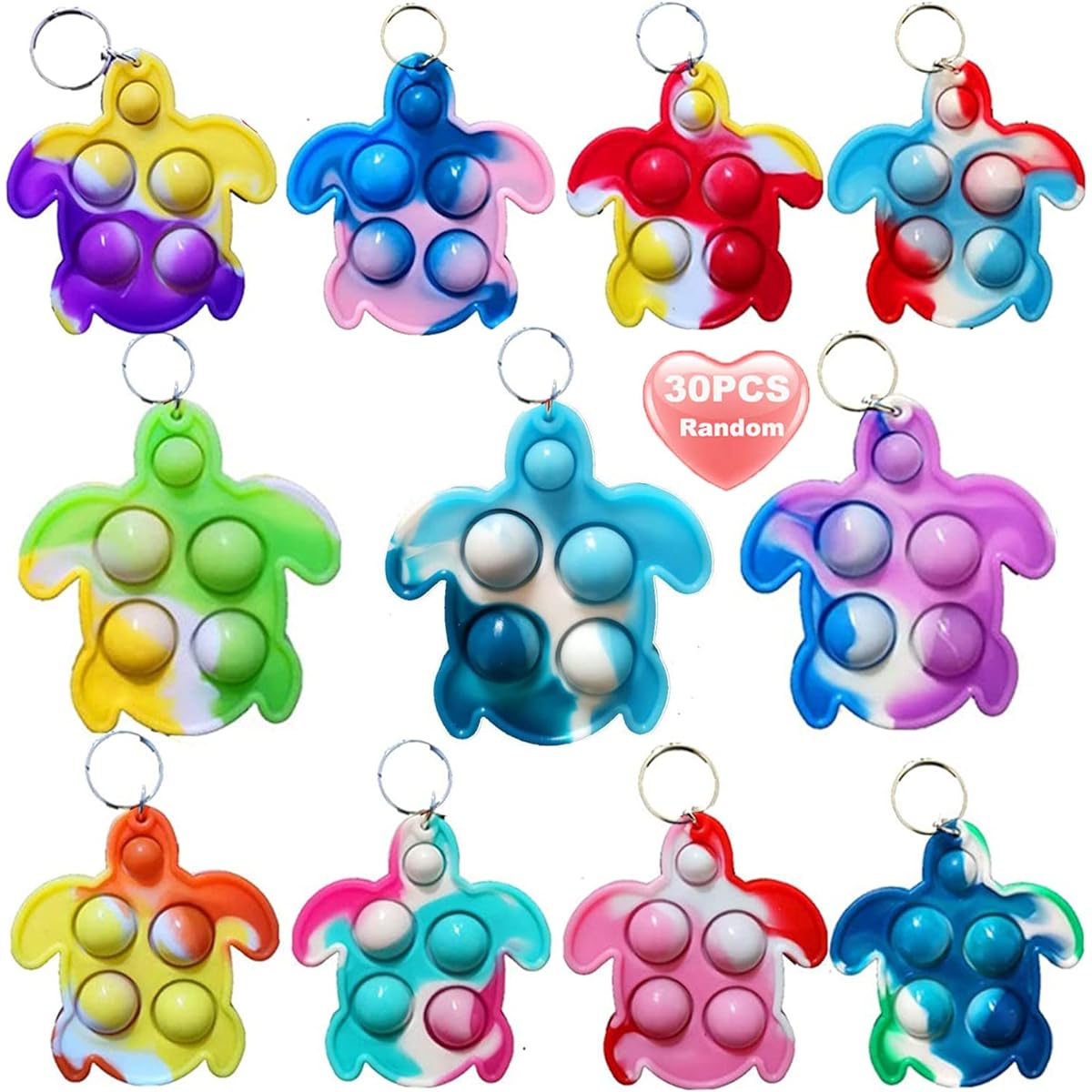 Goodangie00 30 Pack Rainbow Bulk Turtles Mini Pop Fidget Keychain Bubble Toys for Boys Girls Kids Party Favors Gifts Stress Relief Students Classroom Prizes