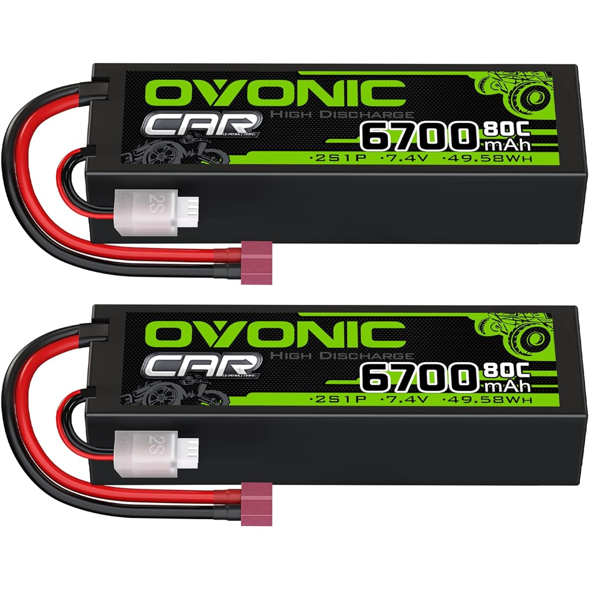 Ovonic 2s Lipo Battery 7.4V 80C 6700mAh RC Lipo Battery Hard Case Dean Style T Connector for RC Car (Pack of 2)