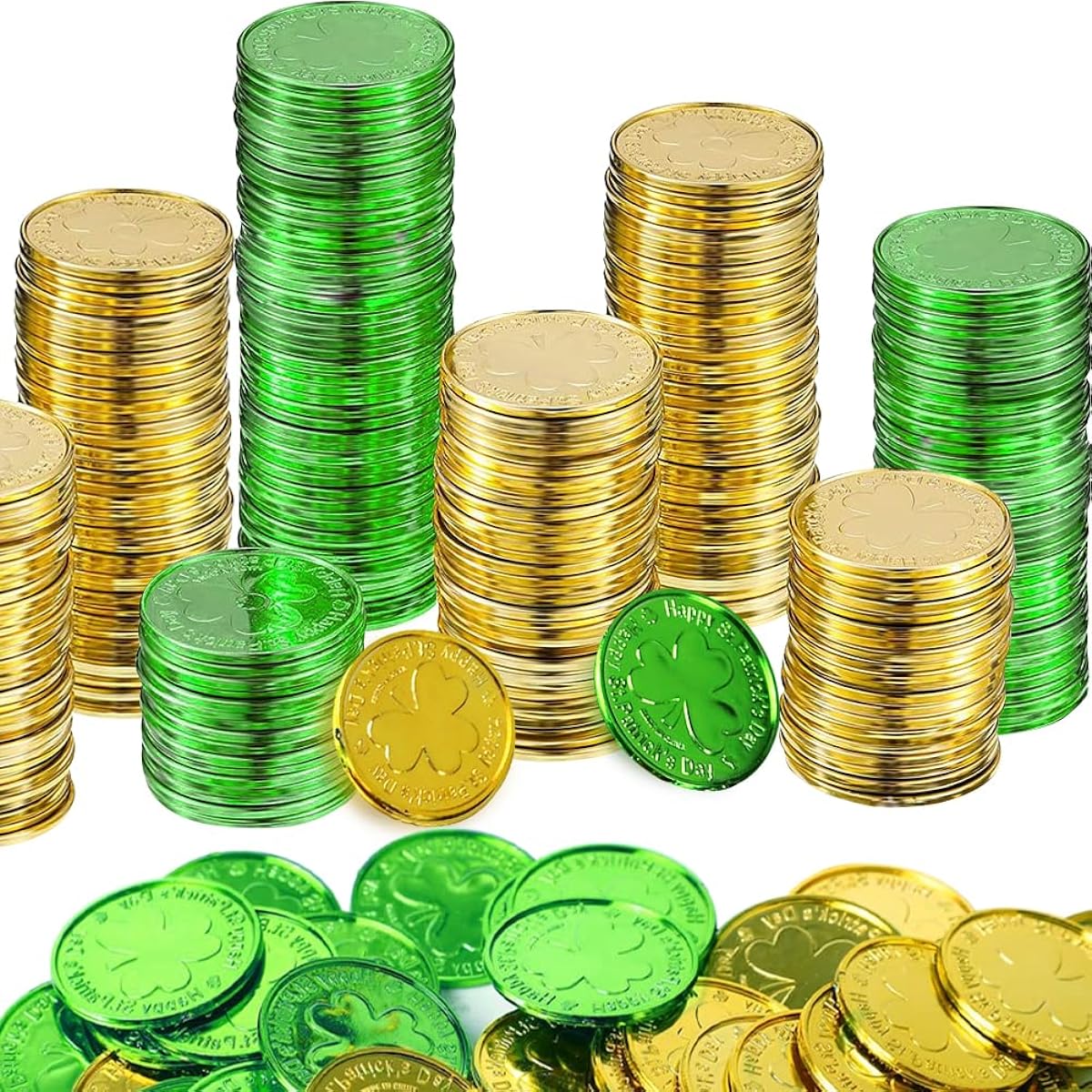 DINESIL St. Patrick's Day Gold Coins 120 Pieces Gold Green Lucky Coins Plastic Shamrock Leprechaun Coins Three Leaf Clover Coin Table Scatter Decor St. Patrick's Day Party Favors