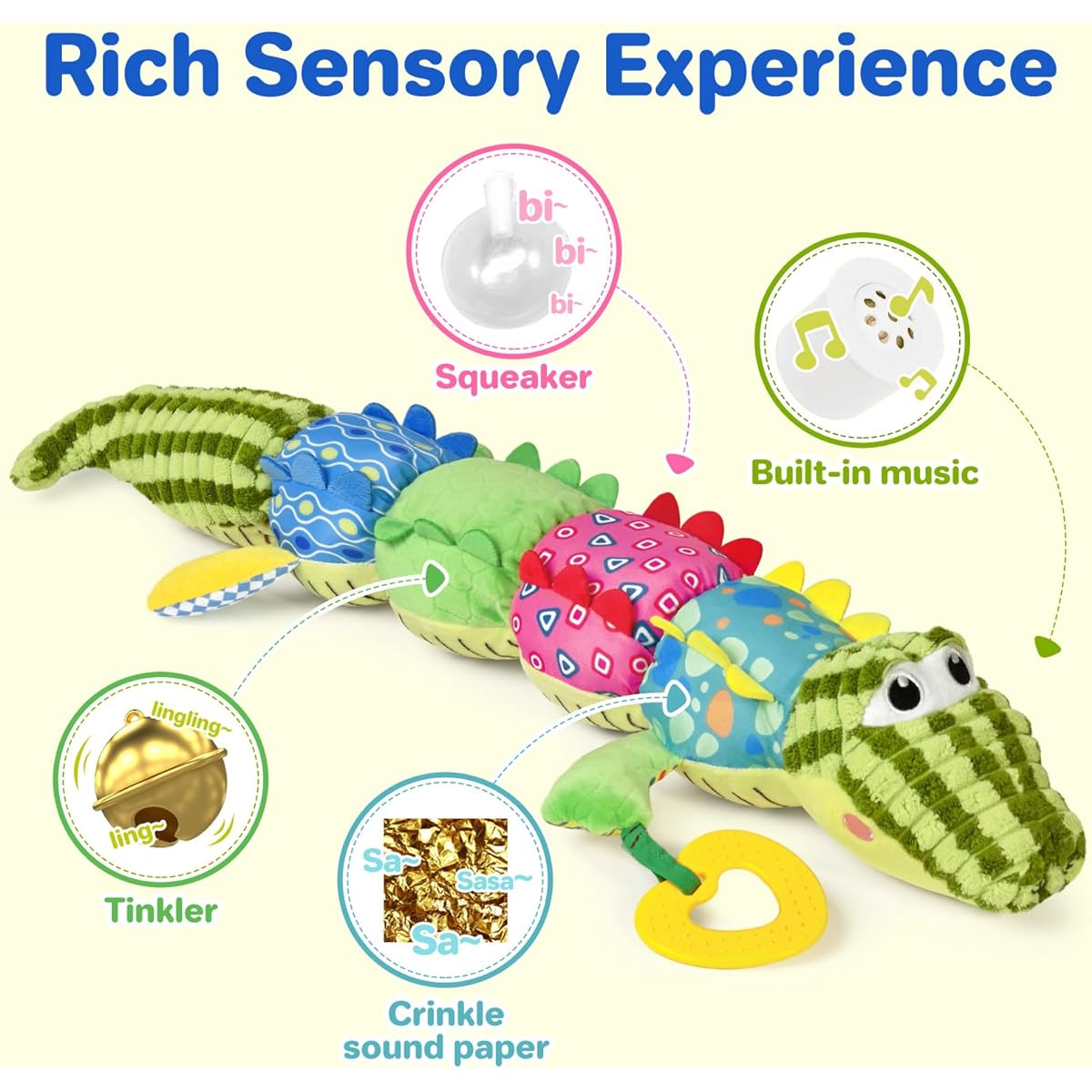 KMUYSL Baby Toys 0-12 Months Musical Plush Toy for 0-3-6-12 Months Soft Sensory Toy with Crinkles and Rattles Toddler Tummy Time Toys Newborn Boys Girls Crocodile, Green