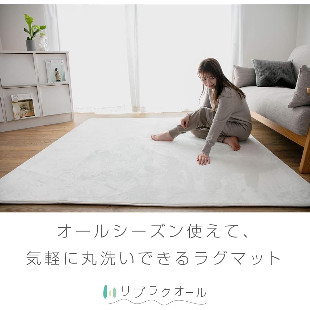 Replac All Carpet Rug, Approximately 4 Tatami Mats, Rug Mat, 200 x 300cm, Washable Mat, Fluffy Texture, Flannel, Non-Slip, Compatible with Hot Carpets, Dust Mite Resistant Rug, For All Seasons, Muji Pattern, White
