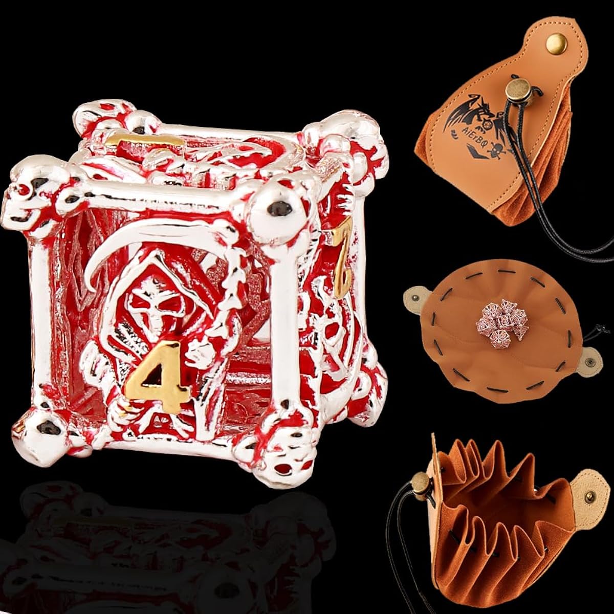 Metal Dice DND Set, 7 Playing Dice, Hollow Polyhedral Dice, Dungeons & Dragons, RPG, Explorer, Savage World, Table Game, Death Style Dice/FreeGifts Tray, Leather Dice Pouch Included