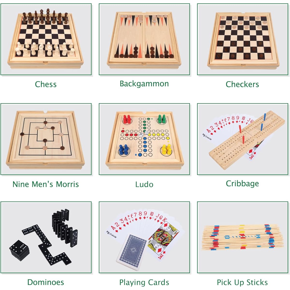 Offelec 9 in 1 Wooden Board Classic Game Set Chess Checkers Backgammon Ludo Nine Men Morris Domino Playing Cards Cribbage Pick Up Sticks Great for Kids and Adults