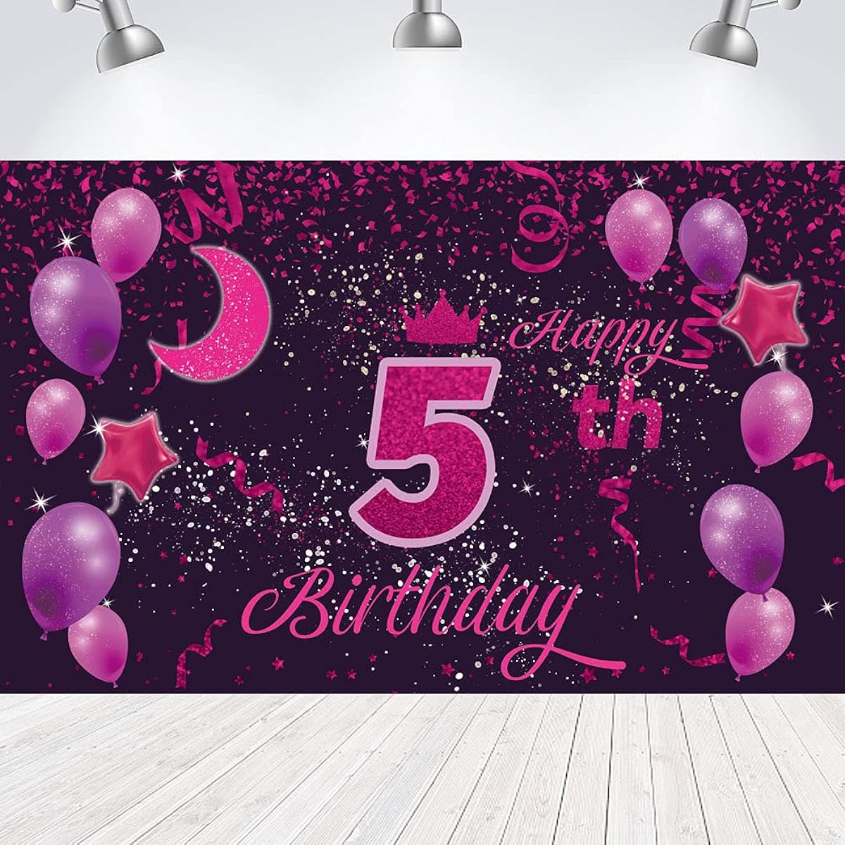 Sweet Happy 5th Birthday Backdrop Banner Poster 5th Birthday Party Decorations 5th Birthday Party Supplies 5th Photo Backdrop for Girls Boys Women Men Pink Purple 72.8 x 43.3 inches