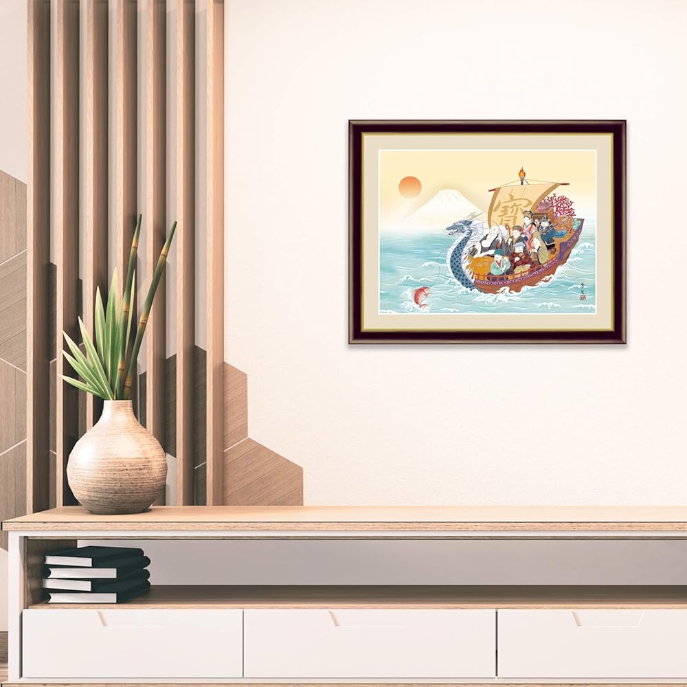 Art Framed Lucky Painting Ayu Kitayama "Seven Lucky Gods" Japanese Painting Framed Interior Art (F6/52 x 42cm)