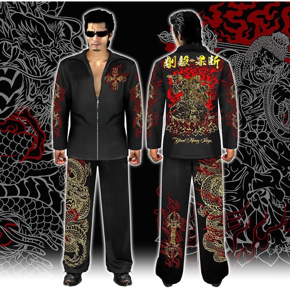 [Blood Money Tokyo] [MBT-23010] Long Sleeve Setup Jersey Clothes Fudo Myoo Dragon Japanese Pattern Black Gold Men's Fashion Yakuza Yankee Oraora Flashy