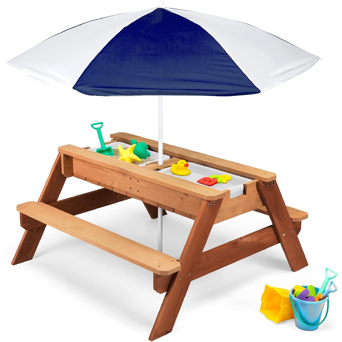 Best Choice Products Kids 3-in-1 Sand & Water Activity Table Wood Outdoor Convertible Picnic Table with Umbrella, 2 Play Boxes and Removable Top - Navy