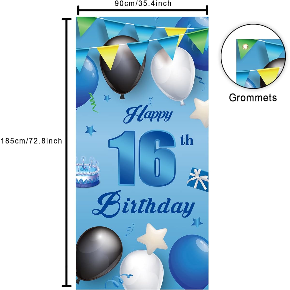 Happy 16th Birthday Blue Banner Backdrop Balloons Stars Confetti 16 Years Old Theme Decorations Door Porch Decor Gifts for Boys 16th Birthday Party 16th Anniversary Supplies