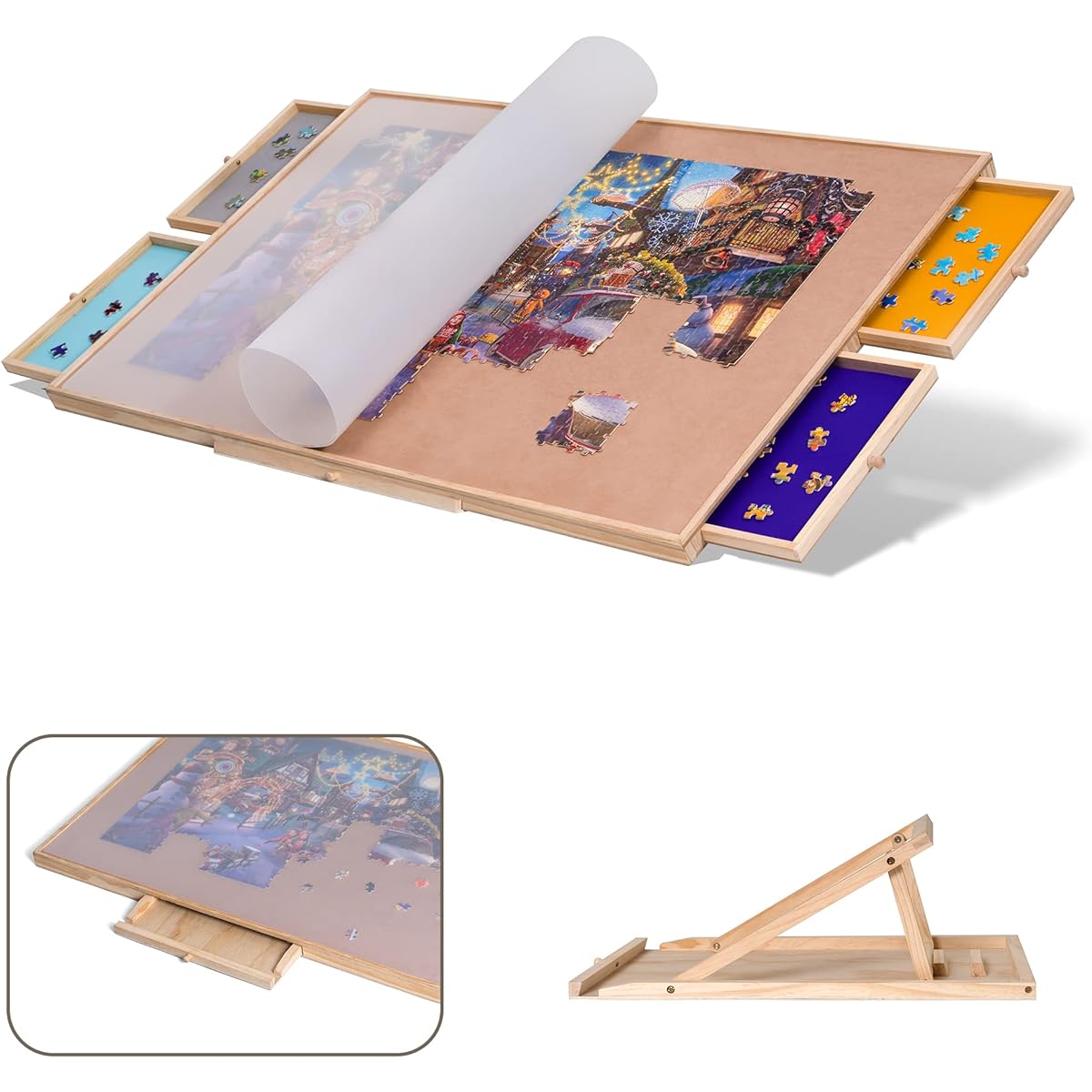 Tektalk Jigsaw Puzzle Table with Adjustable Stand/Bracket and Removable Cover, 3 Tilt Angles, Wooden Plateau Portable Puzzle Board with 4 Sorting Drawers, for up to 1500 Pieces
