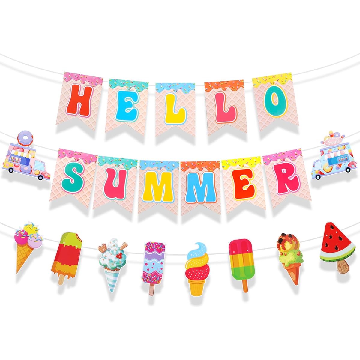HOWAF Hello Summer Banner Colorful Ice Cream Sign Banner Banner Garland Hanging Paper Kit Hawaiian Tropical Luau Summer Beach Sweet Ice Cream Birthday Party Decoration Supplies