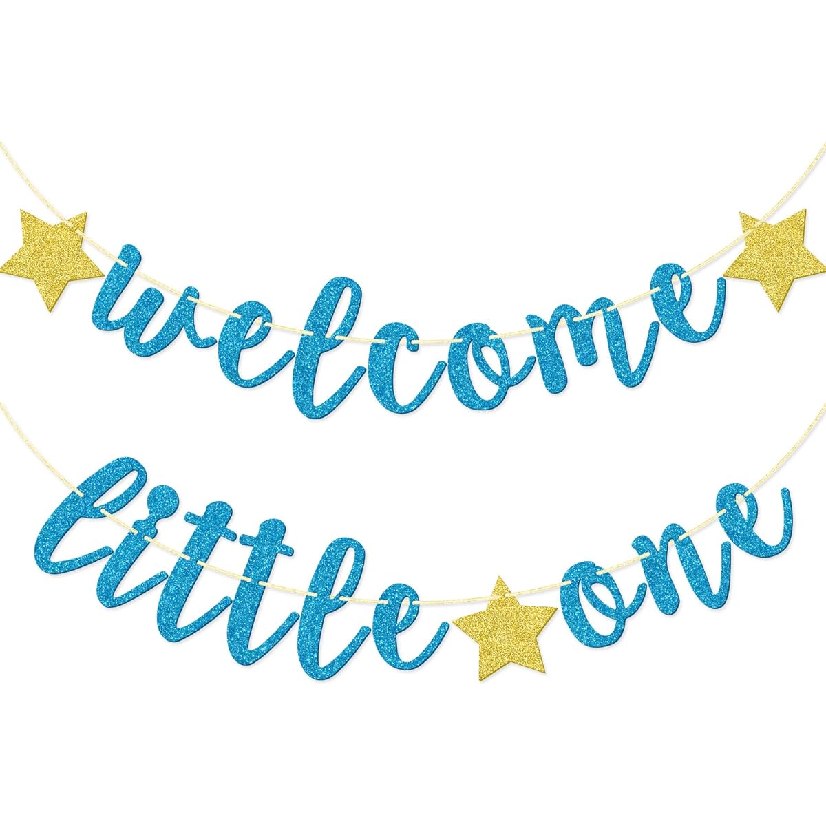 Welcome Little One Glitter Banner Stick-On Baby Shower Banner Gender Reveal Party Decorations (Blue)