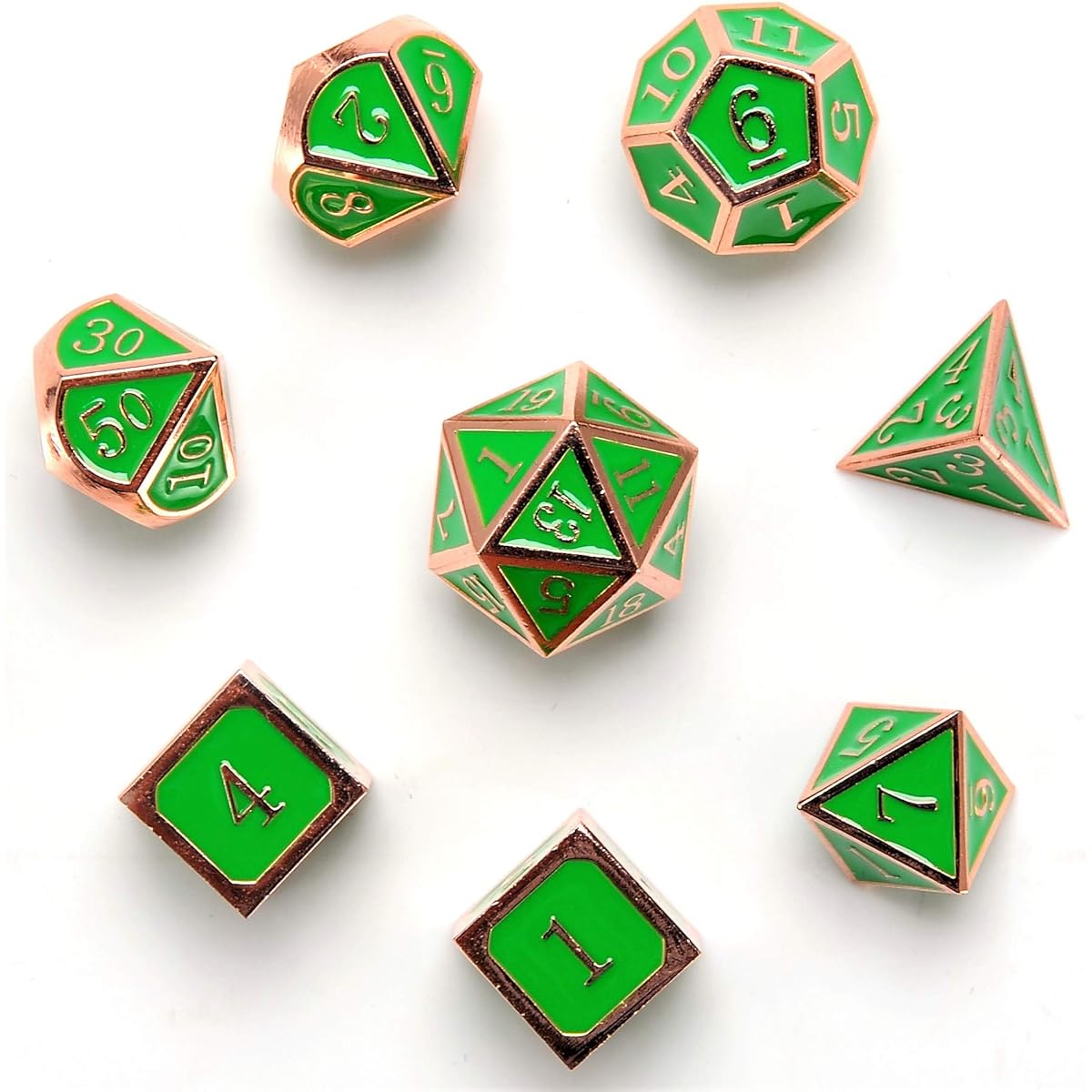 Harbor Loot Full Metal Dice Set D6 Total 8 Dice Metal Polyhedral Dice Set (Green & Copper)