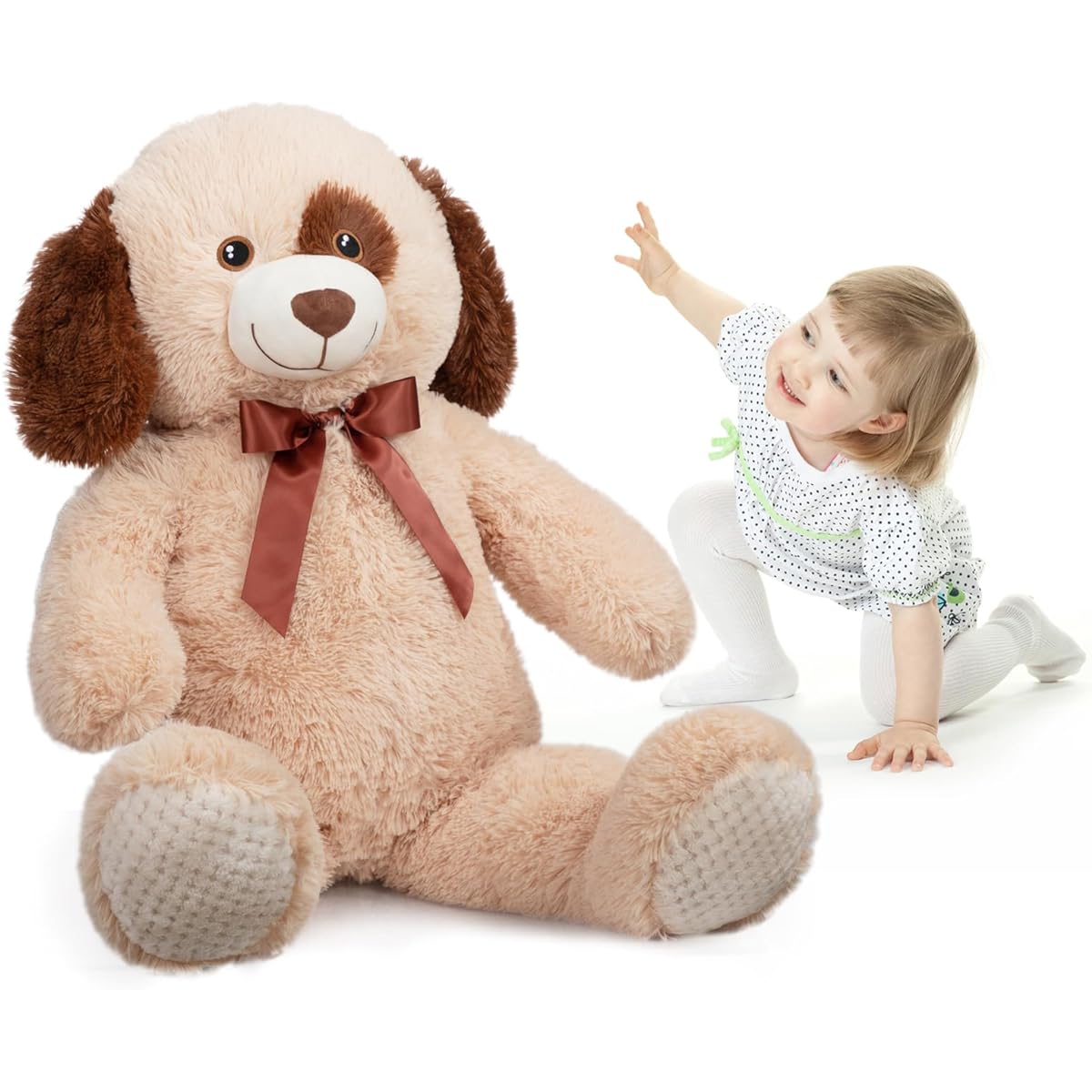 WENMOTDY Giant Dog Stuffed Animal, Large Puppy Stuffed Animal with Ribbon, Cuddly Toy, Gift for Kids and Girlfriends, Tan, 39 Inch
