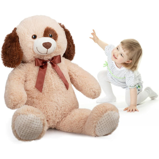 WENMOTDY Giant Dog Stuffed Animal, Large Puppy Stuffed Animal with Ribbon, Cuddly Toy, Gift for Kids and Girlfriends, Tan, 39 Inch