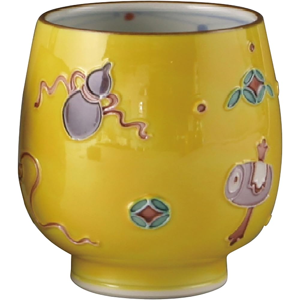 Kyoto ware, Kiyomizu ware, Shoho kiln, set teacup, yellow diagonal, treasure UCK621