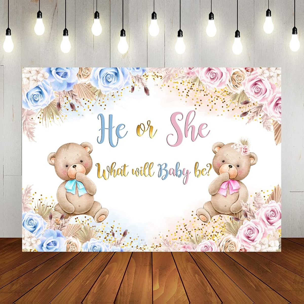 Lofaris Boho Bear Gender Reveal Backdrop for Him or Her Pampas Grass Flowers Bohemian Background for Boy or Girl Baby Shower Party Supplies Cake Table Banner 7x5ft