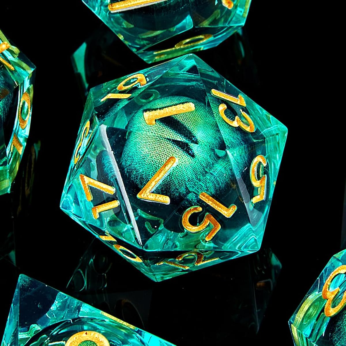 Sharp Edge DND Dice Set Handmade 7 Accessories for Dungeons & Dragons TRPG Game Polyhedral Resin Sharp Edge Dice Role Playing Game MTG (Dragon Eye - Green)