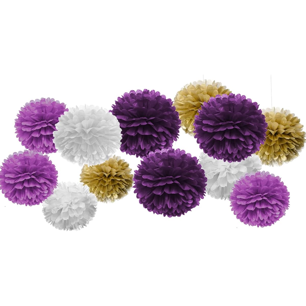 AIM & GGKK Paper Pom Poms, Gold Gradient Purple and White Tissue Hanging Paper Pom Poms Flower Balls for Wedding Birthday Party Decorations (12pcs, 8"&10"&12")