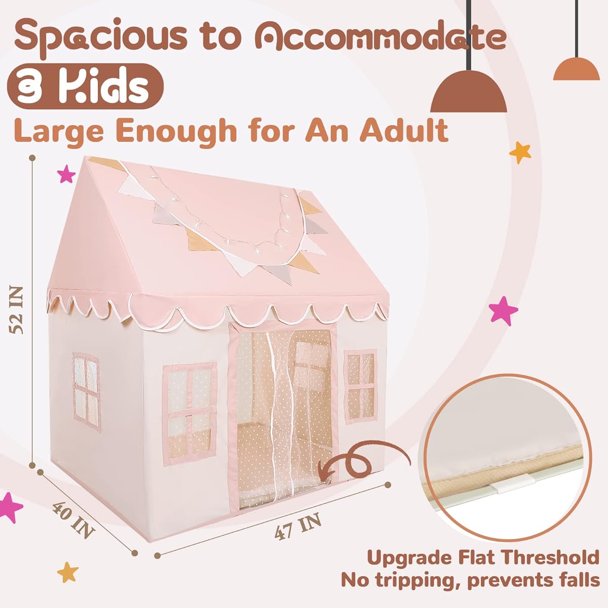 Kids Play Tent with Non-Slip Mat, Starlight Decorative Flags, Dot Curtains, Playhouse with 4 Windows, Machine Washable, Indoor Outdoor Play Tent for Kids Girls, Pink, 47" x 40" x 52"
