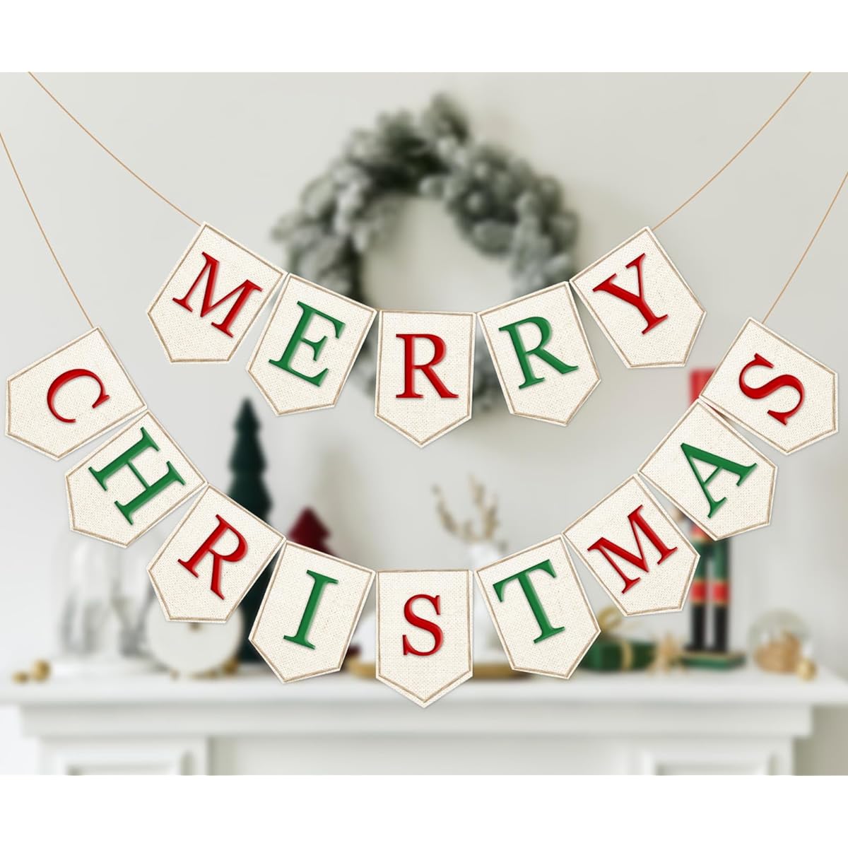 Whaline Christmas Burlap Banner Felt Merry Christmas Banner Red Green White Xmas Bunting Garland Pre-Assembled Celebration Hanging Decorations Home Party Supplies 2pcs