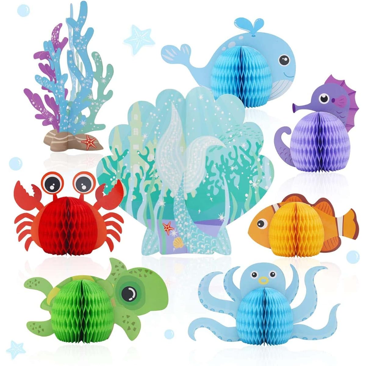 PatiFu Ocean Animal Honeycomb Centerpieces, Under the Sea Party Decorations Supplies, Marine Decorations, Mermaid Table Honeycomb for Beach Theme Birthday Party, Preschool Baby Shower Decorations (8 Pieces)