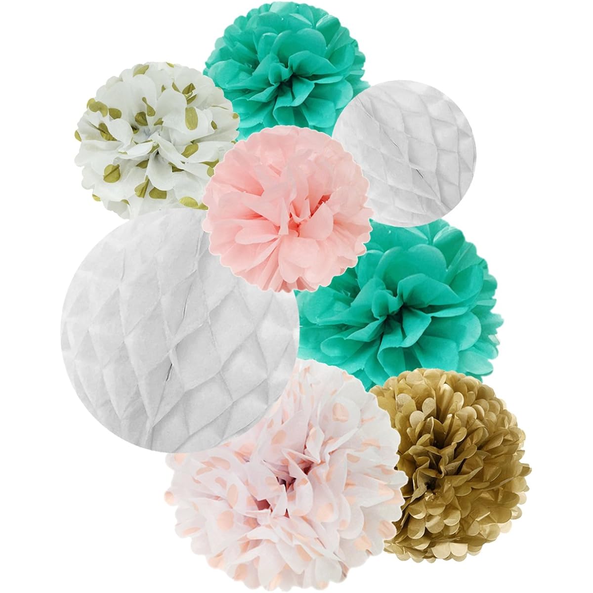Wrapables Tissue Honeycomb Balls and Pom Poms Party Decorations for Wedding/Birthday Party/Baby Shower/Nursery Decorations, Aqua/Light Pink/Gold/White, Set of 8