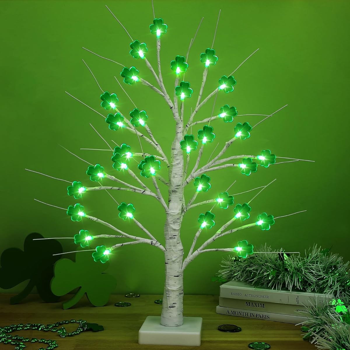 St. Patrick's Day Lighted Birch Tree with Timer, 32 LED Green Shamrock Artificial Tree Branch Decorations for Irish Home Party Decorations, USB & Battery Operated