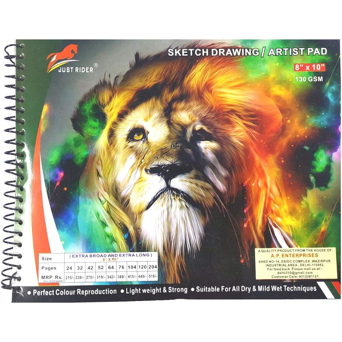 JUST RIDER "8x10" Premium Sketchbook Spiral Binding Drawing Book 130GSM 64 Pages Acid Free Drawing Paper Perfect for Kids/Teens/Adults