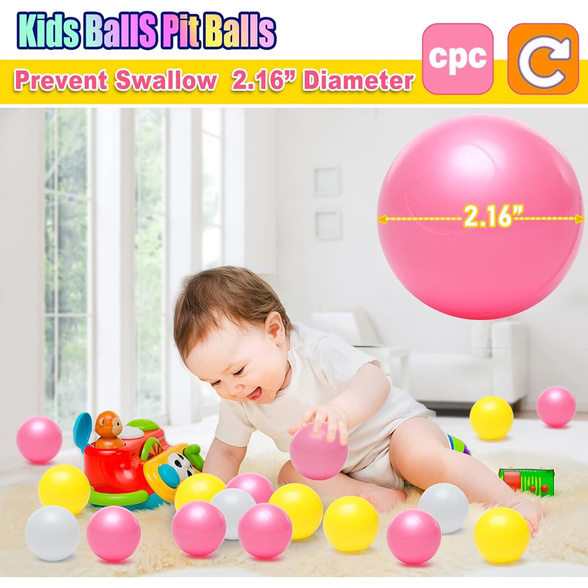 Hovenlay Ball Pit Balls 100 Pcs Phthalate Free BPA Free Crash Proof Plastic - Bright Colors Reusable Toys for Kids with Storage Bag (Pink, White, Yellow)