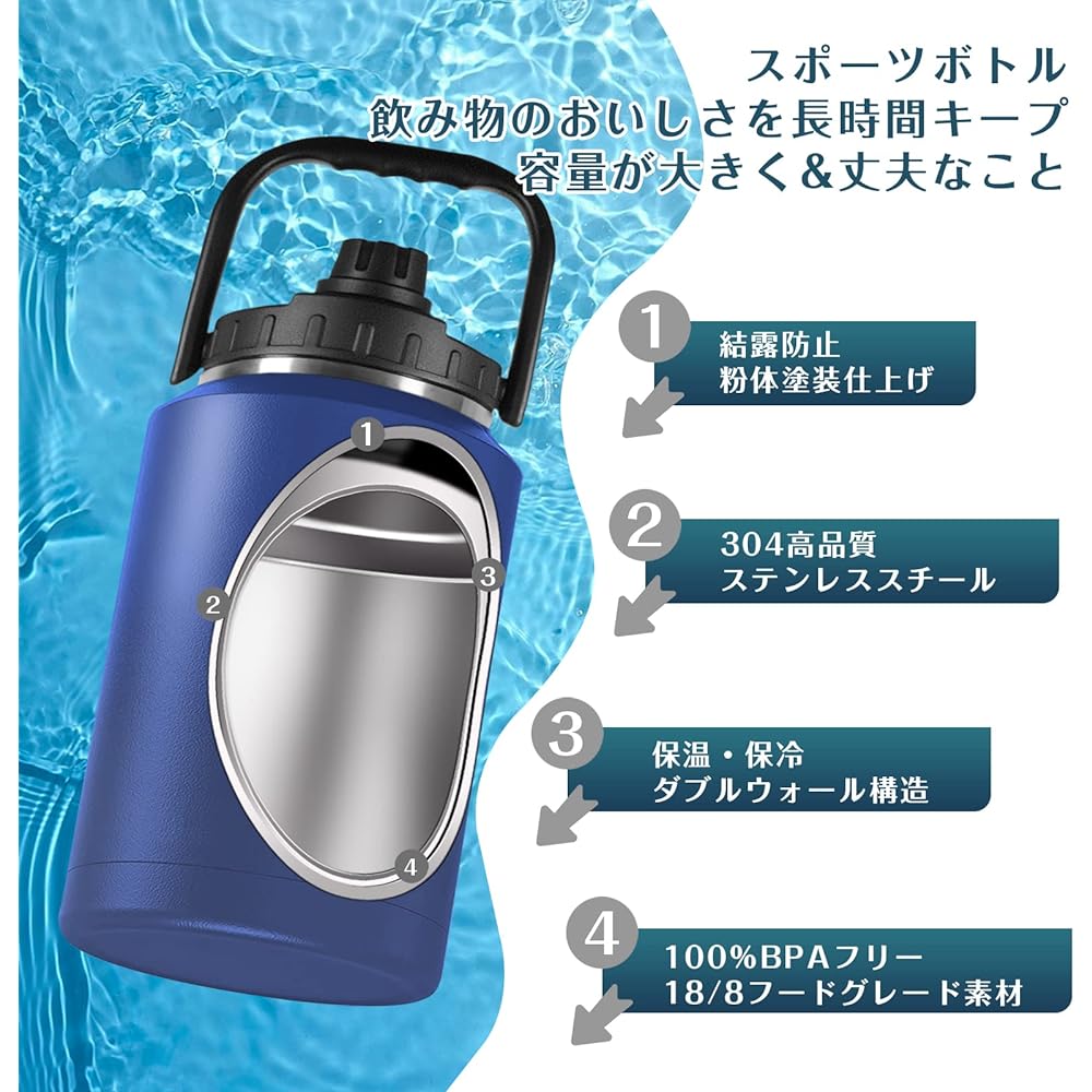 KollyKolla Water Jug 2L Water Bottle Water Tank Ice Container Camping Water Tank Outdoor Jug Ice Container Water Bottle Direct Drinking Non-melting Ice Vacuum Container Easy to Wash Ice Container Portable Ice Pail Ice Box Ice Cube Sports Jug Navy