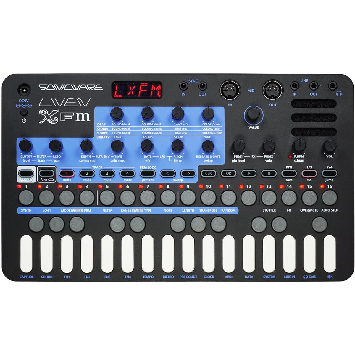 SONICWARE LIVEN XFM [FM synthesizer groove box] 4-track step sequencer, 6 voices, 10 effects, battery powered, built-in speaker