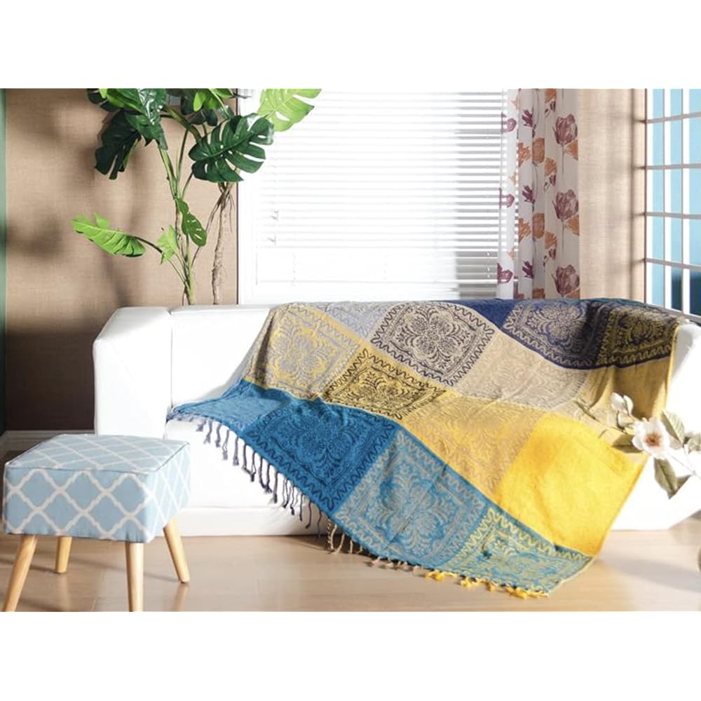 Multi-Cover Asian Style Sofa Cover Stylish Multifunctional Bedspread with Fringe Bedspread Rug Blanket Couch (220cm*260cm, Asian Blue Large)