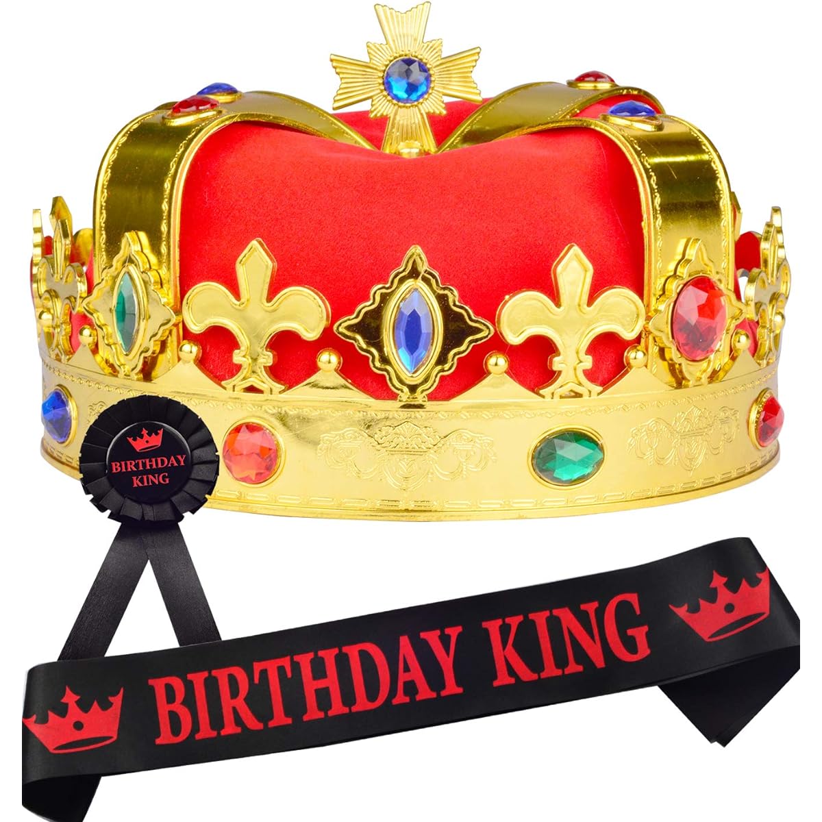 Birthday Crown Men Boys Sash and Pins Men Boys Royal Royal Gold & Red Metal Birthday Boy Crown Birthday Sash Men & Boys Pin Birthday Men Party Decorations