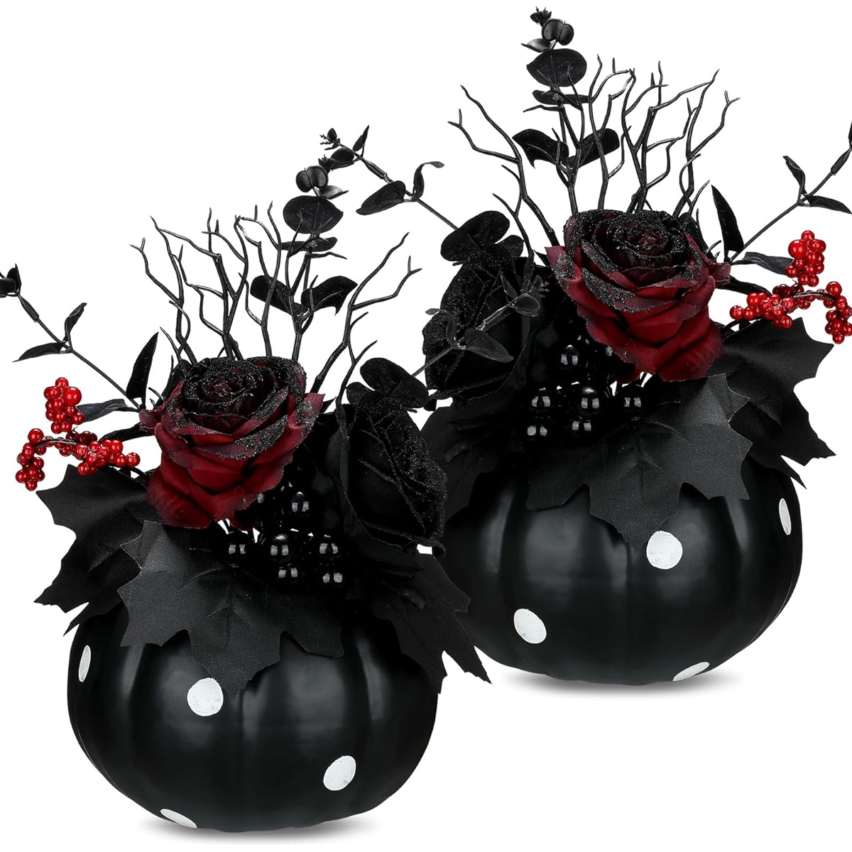 Wettarn 2pcs 7" Artificial Pumpkins Pumpkin Toppings Artificial Rose Maple Leaf Eucalyptus Fake Pumpkins for Halloween Table Centerpieces Party Home Decorations