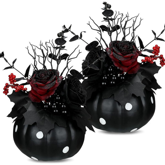 Wettarn 2pcs 7" Artificial Pumpkins Pumpkin Toppings Artificial Rose Maple Leaf Eucalyptus Fake Pumpkins for Halloween Table Centerpieces Party Home Decorations