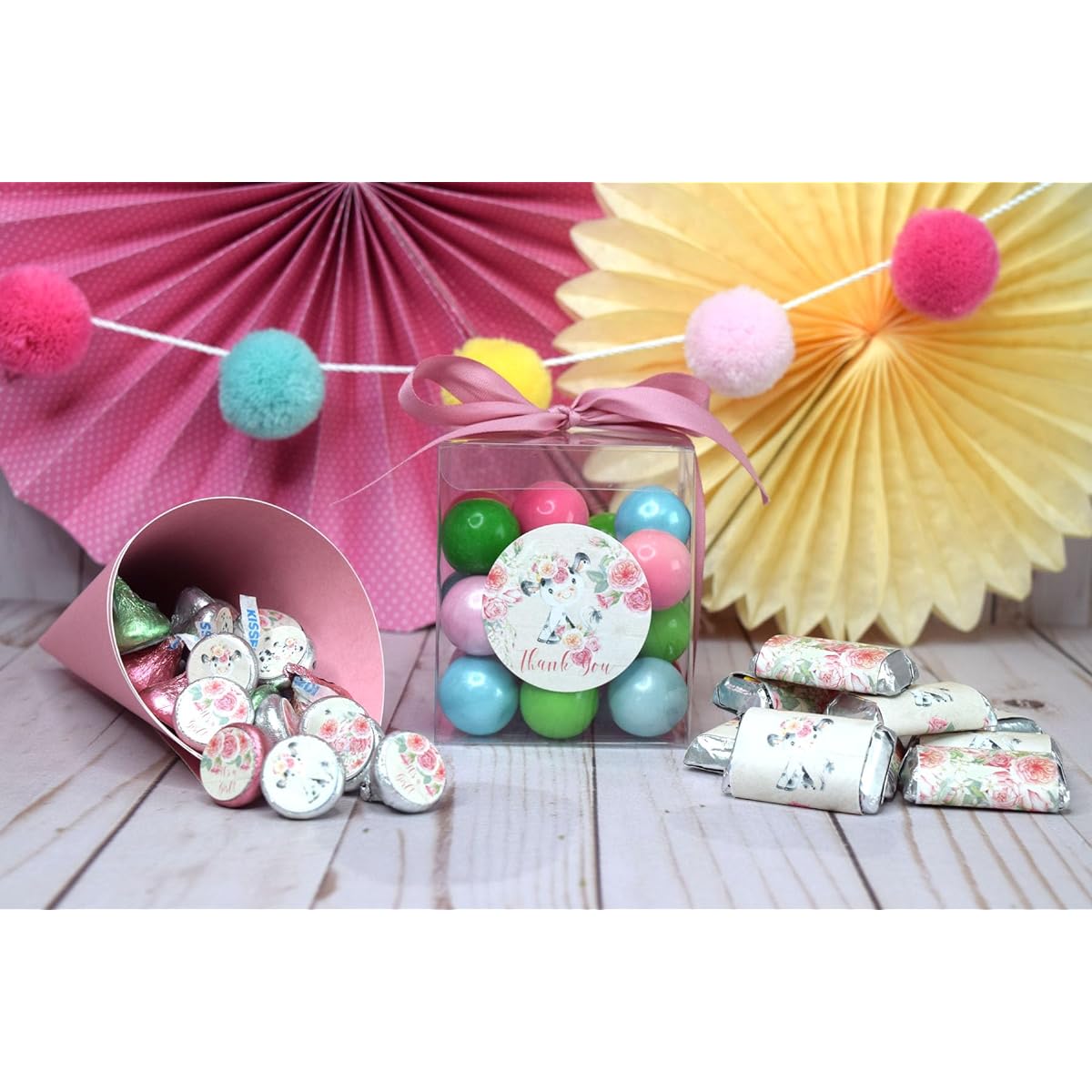 Amanda Creation Watercolor Pink Floral Cow Baby Shower Stickers Bundle Kit - 429 Pieces!!! 60 2" Circle Stickers for Favors & Goodie Bags, 45 Mini Candy Bar Wrappers & 324 Round Candy Kiss Stickers