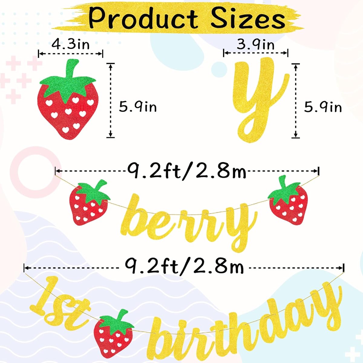 VILIFEVER Glitter Berry 1st Birthday Banner Garland Red Paper Fans 6 Pieces Strawberry Theme Birthday Decorations Sweet One First Birthday Banner Party Supplies