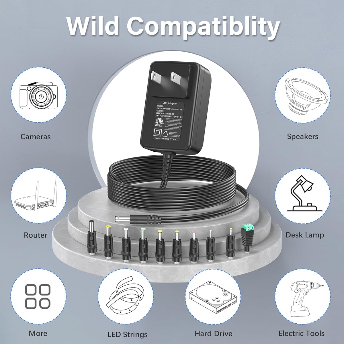 PERFEIDY 36V 1A 0.5A Power Cord 36.0V 1.0A 0.5A Charger AC Adapter 36W Switching Power Supply DC 36V 1000mA 800mA 500mA Adapter Regulated Transformer with 10 Replaceable Jack Plugs ETL Standard Product