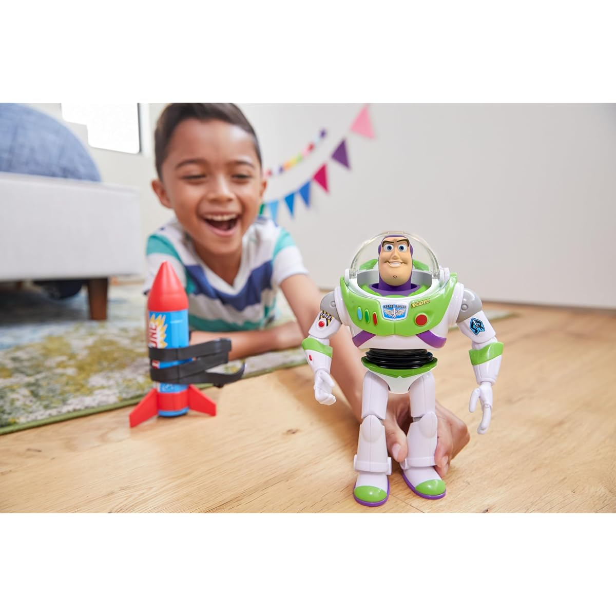 Mattel Disney & Pixar Toy Story Buzz Lightyear 12" Scale Action Figure Toy with Rocket, Phrases & 20 Sounds, Rocket Rescue Pack, Buzz Pack, HTR73