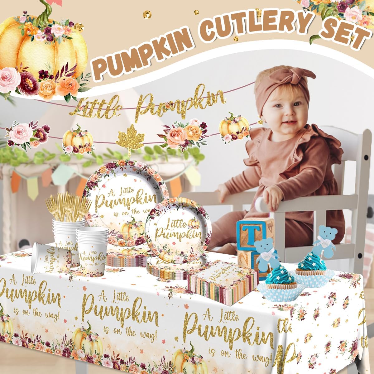 Little Pumpkin Baby Shower Decorations, 142 Pieces, Fall, Our Little Pumpkin Is Turning One, Tableware, Floral Pumpkin Banner, Pumpkin Tablecloth, Baby Shower, Thanksgiving Supplies